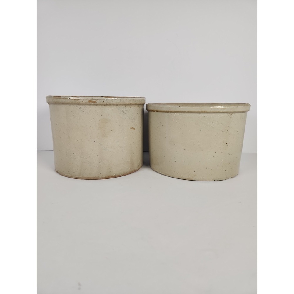 Vintage Stoneware Crock Lot Set of 2 Unmarked Farmhouse Pots 7.25 Inch Diameter